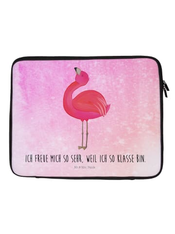 Mr. & Mrs. Panda Laptop Tasche Flamingo Stolz mit Spruch in Aquarell Pink