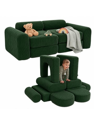 relaxdays 10tlg. Kinder-Spielsofa Set "Cord" in Dunkelgrün - (B)108 x (H)32 x (T)50 cm