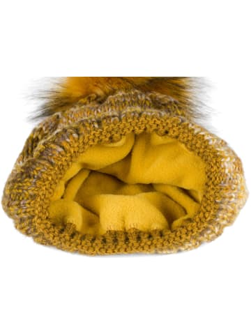 styleBREAKER Strick Bommelmütze in Senf-Braun-Weiß