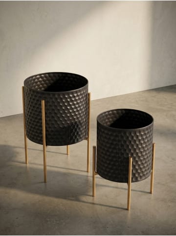 KADIMA DESIGN Schwarz-Goldene Metall-Blumentöpfe, 2er Set, Runde Pflanzkübel