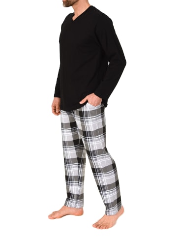 NORMANN Schlafanzug langarm mit karierter Jersey Hose in dunkelgrau