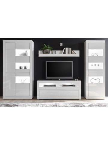 Furn.Design Wohnwand Hochglanz weiß, Stone Design grau 4-teilig, Anbauwand mit Soft-Close