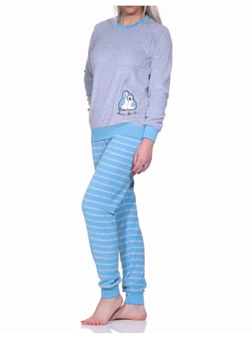 NORMANN Frottee Pyjama langarm Bündchen und Pinguin Stickerei - 71480 in hellblau
