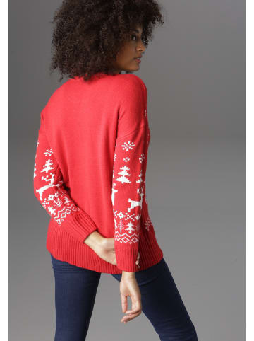 Aniston CASUAL Weihnachtspullover in rot-weiß-marine-hellbraun-braun