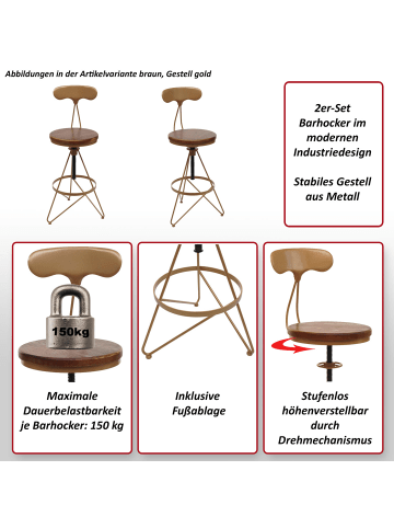 MCW 2er-Set Barhocker N18, Braun, Gestell gold