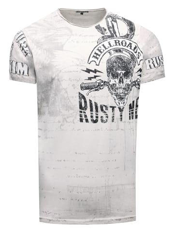 Rusty Neal Herren Vintage Oil Wash T-Shirt mit Skull Print & Raw Edge Rundhals in Grau