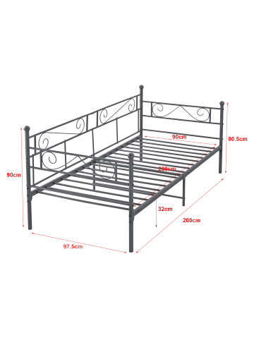 en.casa Metallbett Kerava mit Matraze in Grau (L)200cm (B)90cm (H)90cm