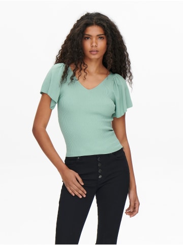 ONLY Geripptes T-Shirt Kurzarm V-Neck Top mit weiten Ärmeln ONLLEELO in Mint