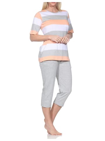 NORMANN Capri Schlafanzug kurzarm Blockstreifen in apricot