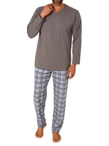 NORMANN Schlafanzug langarm mit karierter Jersey Hose in grau