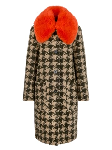 MARC CAIN COLLECTIONS Hahnentritt-Mantel mit abknöpfbarem Fake-Fur-Kragen in Tannin