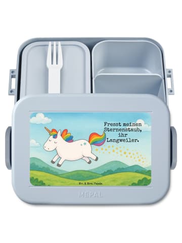 Mr. & Mrs. Panda Lunchbox Einhorn Happy Design mit Spruch in Blau Pastell