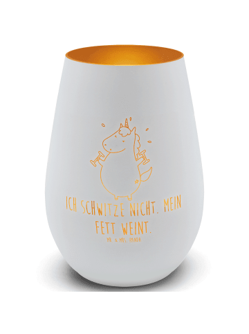 Mr. & Mrs. Panda Gold Windlicht Einhorn Fitness mit Spruch in Weiß