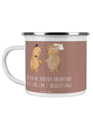 Mr. & Mrs. Panda Camping Emaille Tasse 3. Hochzeitstag Lederhoch... in Braun Pastell