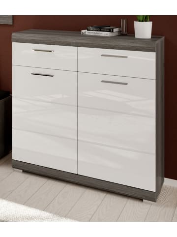 Inn.Furn Schuhschrank weiß Hochglanz, Rauchsilber grau 90 cm, Flur Kommode mit Vollauszug