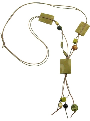Gallay Kette Y-Form 35x25mm 3x Viereck gewellt oliv-glänzend Kordel 90cm in olivgrün