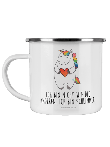 Mr. & Mrs. Panda Emaille Tasse Einhorn Herz mit Spruch in Weiß