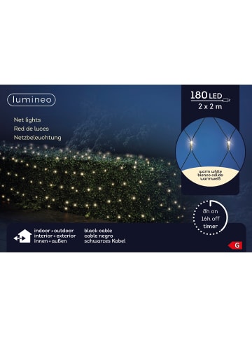 LUMINEO Netzbeleuchtung 180 LED 2 x 2 m, schwarzes Kabel in warm weiß