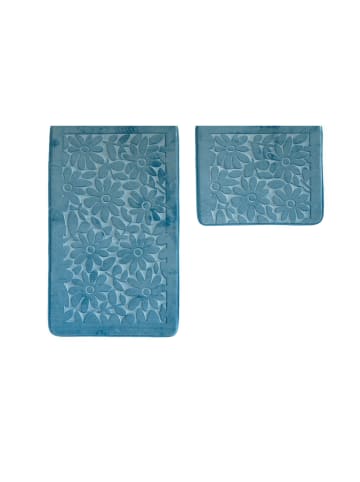 Almina Premium 2 teiliges Bademattenset Waschbar in Blau-Blume