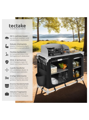 tectake Campingküche Luxus mit Aluminiumgestell und 4 Fächern  116 x 52 x 107 cm, schwar