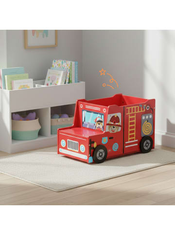 relaxdays Spielzeugkiste "Feuerwehr" in Rot - (B)60 x (H)34 x (T)32 cm