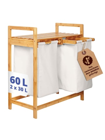 Lumaland Wäschekorb Bambus 73x64x33cm weiß 2 Wäschesäcke ausziehbar Weiß