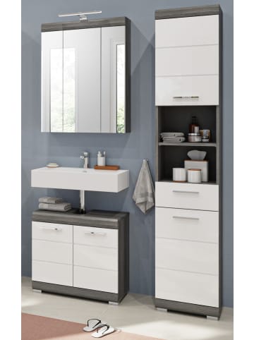 Inn.Furn Badmöbel-Set weiß Hochglanz, grau 3-teilig 112 cm, Badkombination 17 Fächer