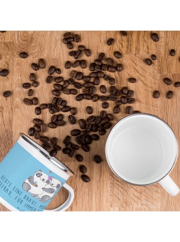 Mr. & Mrs. Panda Camping Emaille Tasse Braut Liebe mit Spruch in Sky Blue