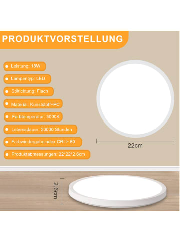 ZMH Deckenleuchte LED - 18W Deckenlampe Warmweiß Ø22cm Rund Weiß