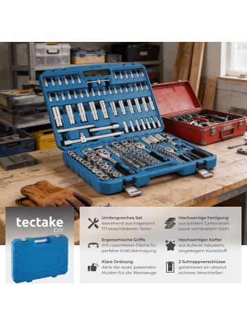 tectake Steckschlüsselsatz  übersichtliche Anordnung im Kunststoffkoffer, blau