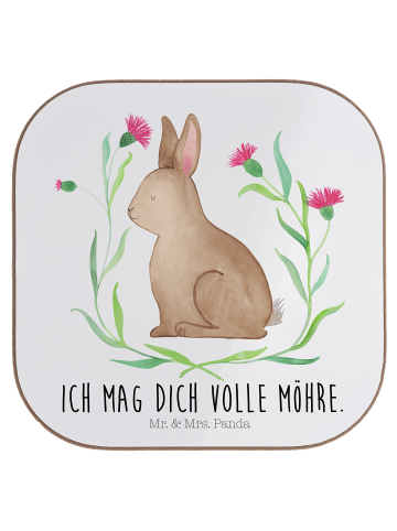 Mr. & Mrs. Panda Glasuntersetzer Hase Sitzen mit Spruch in Weiß