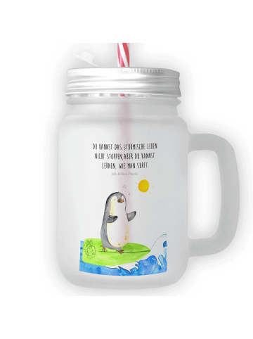 Mr. & Mrs. Panda Limonadenglas Pinguin Surfer mit Spruch in Transparent