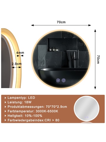ZMH Badspiegel mit Beleuchtung in Nickel rund Dimmbar Aluminium Ø70cm