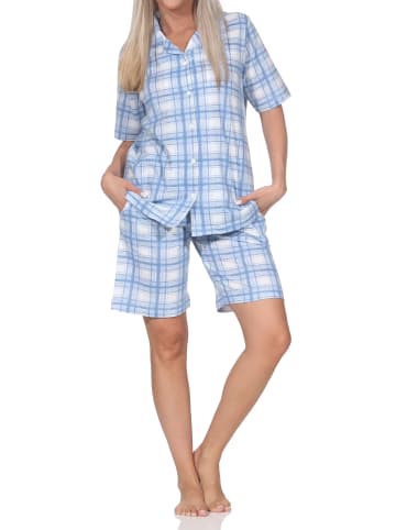 NORMANN Langarm Jersey Pajama Shorty Karo Optik Übergröße in blau