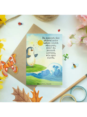 Mr. & Mrs. Panda Klappkarte Pinguin Surfer Design mit Spruch in Weiß