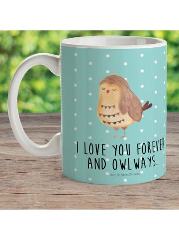 Mr. & Mrs. Panda Plastikbecher Eule Zufrieden mit Spruch in Türkis Pastell