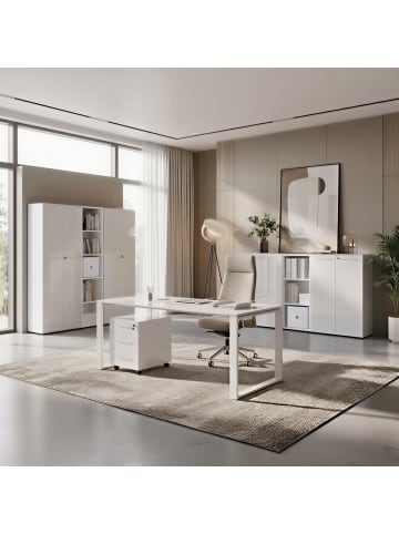 KADIMA DESIGN Büro-Set 2 Schränke & Regal, 240cm breit, Glasfront in Weiß