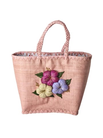 Rice Große Raffia Tasche mit Blumenstickerei in rosa