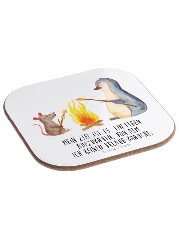 Mr. & Mrs. Panda Getränkeuntersetzer Pinguin Lagerfeuer mit Spruch in Weiß