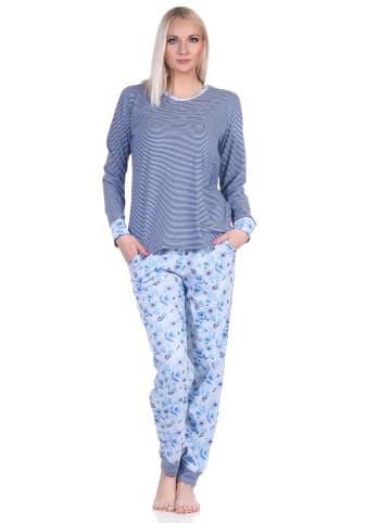NORMANN Pyjama Schlafanzug langarm Bündchen und Spitze in hellblau