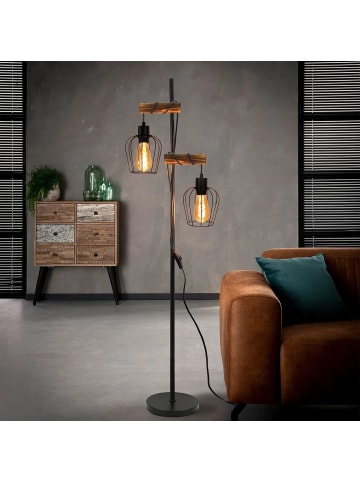 ZMH Stehlampe 2-flammige E27 in schwarz B 13cm Holz und Metall