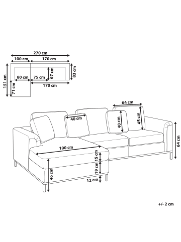 Beliani Ecksofa OSLO in Blau/Schwarz - (W) 270 x (H) 64 x (L) 151 cm
