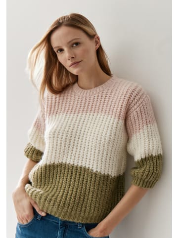 More & More cooler 3/4 Arm Rippstrickpullover, gestreift in rose/green/ecru