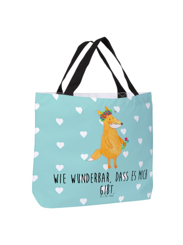Mr. & Mrs. Panda Strandtasche Fuchs Blumen mit Spruch in Türkis Pastell