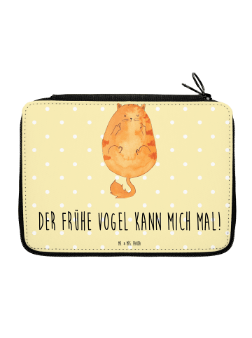 Mr. & Mrs. Panda Federtasche Katze Frühaufsteher mit Spruch in Gelb Pastell