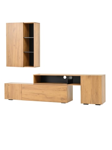 ABRIHOME TV Schrank mit Vitrine, Flexible Länge bis 265 cm in Holzfarbe
