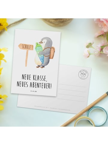 Mr. & Mrs. Panda Postkarte Erster Schultag Abenteuer mit Spruch in Weiß