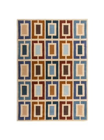 KADIMA DESIGN Wollteppich Geometrisch, Retro-Stil, Wohnzimmer in Multicolor-Blau