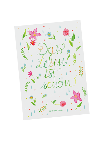 Mr. & Mrs. Panda Postkarte Blumen Leben mit Spruch in Bunt