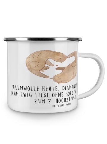 Mr. & Mrs. Panda Camping Emaille Tasse 2. Hochzeitstag Baumwollh... in Weiß